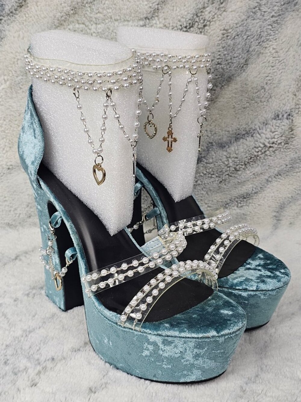 Dolls Kill Sugar Thrillz 10 Crushed Blue Velvet Holy Revelation Platform Heels